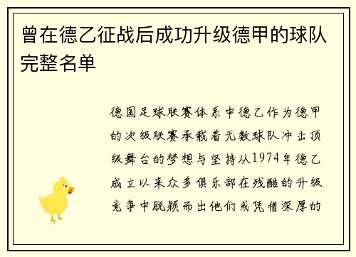 曾在德乙征战后成功升级德甲的球队完整名单